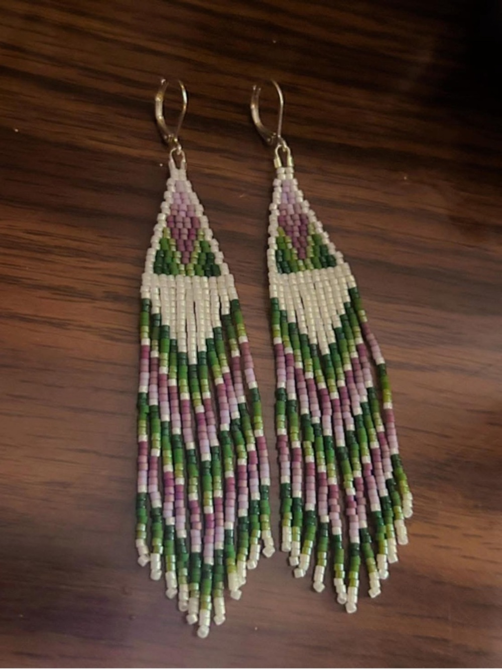 Handmade Beaded Fringe Earrings - Pink & Green